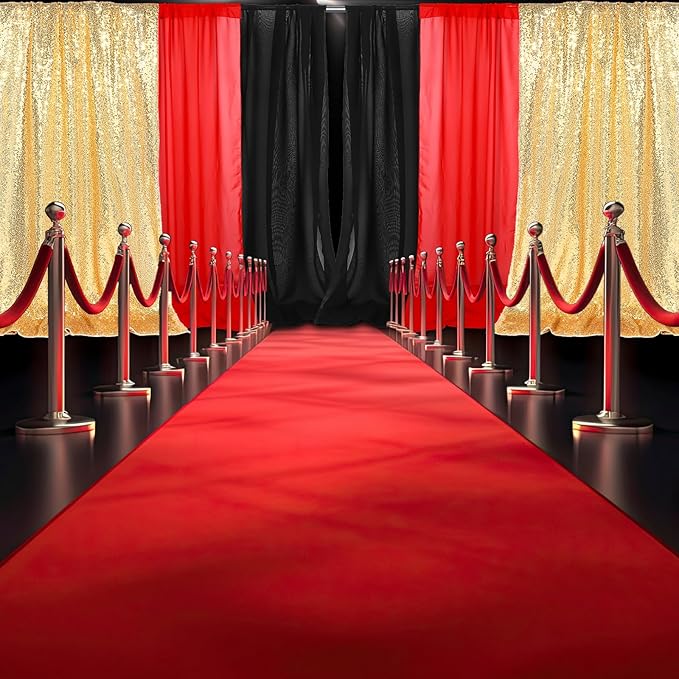 Red Black Gold 7 Pcs Movie Night Sequin Backdrop Curtains 2ft x 8ft Photo Background Curtain Stage Door Entrance Runner Cover for New Year Movie Night Theme Party Wedding Birthday Decor