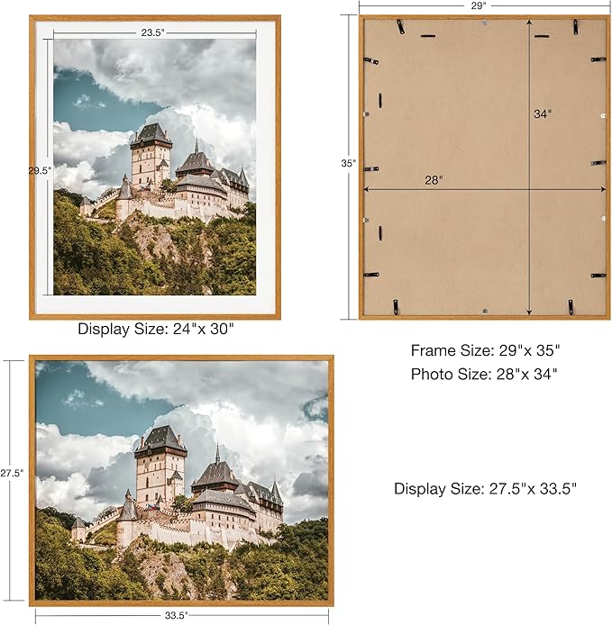 Axeman 28x34 Frame - Solid Teak Wood 28x34 Poster Frame With Mat for 24x30, 34x28 Wood Picture Frame, Tempered Glass and Hanging Hardware Included Home Decor Art Hanging Frame, Natural Teak