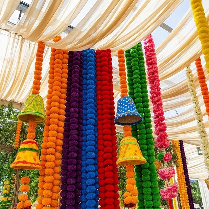 Giegxin 15 Pack Marigold Garland for Decoration 5 ft Long Strands Faux Artificial Marigold Flowers for Dia De Los Muertos Diwali Indian Wedding Party Decorations(5 Colors)