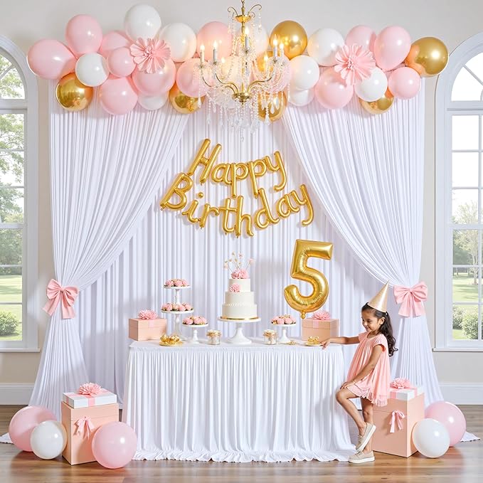 gogoparti 20x12ft White Backdrop Curtain for Wedding Parties, 4 Panels (5x12 ft Each) Wrinkle-Free Dackdrop Curtains, Silky Draping Fabric for Birthday Party, Baby Shower, Photo Background