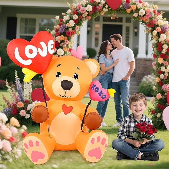 LETIME 5 FT Valentine's Day Inflatable Outdoor Decorations Bear with 2 Heart Balloons LED Lighted Valentines Blow up Yard Decoration for Party, Anniversary, Wedding, Propose, Garden, Lawn