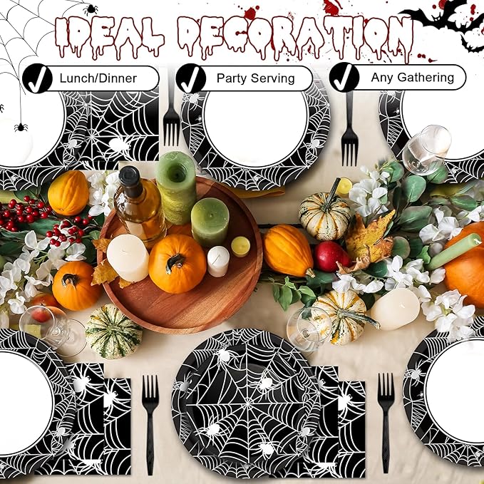 50 Guests Halloween Spider Web Plates and Napkins Party Supplies Spiderweb Party Decorations Disposable Tableware Black and White Halloween Dinnerware Favor for Get Together Celebration, 200PCS