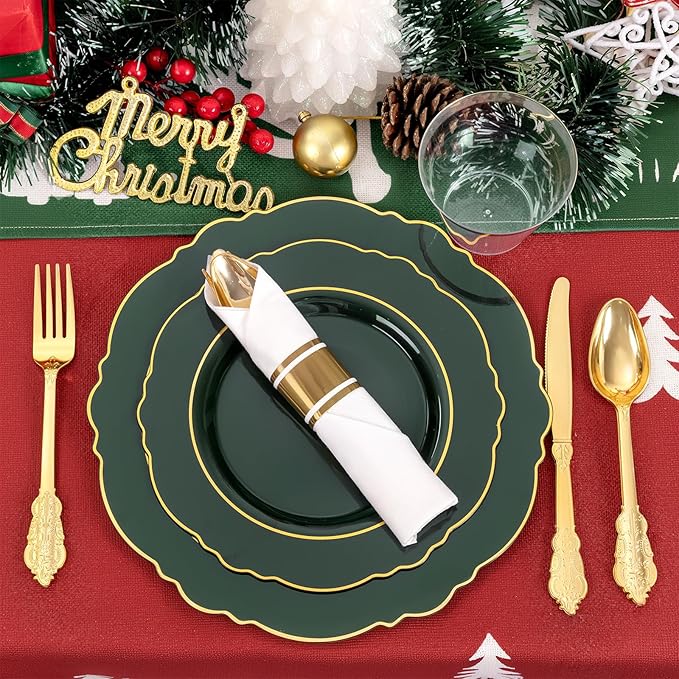 Liacere 175PCS Green Plastic Plates - Christmas Green Disposable With Gold Rim - 25Guest Baroque Plastic Dinnerware include 50Plates-25Pcs Pre Rolled Napkins with Silverware 25Cups for Christmas Day