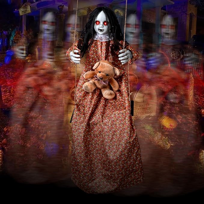 3.75 Ft Halloween Decorations Animatronics Hanging Swinging Girl with Creepy Sound/Light Up Eyes/Scary Expression, Creepy Doll Hanging Ghosts Haunted House Holiday Decor Prop for Indoor Outdoor