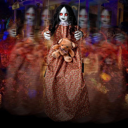 3.75 Ft Halloween Decorations Animatronics Hanging Swinging Girl with Creepy Sound/Light Up Eyes/Scary Expression, Creepy Doll Hanging Ghosts Haunted House Holiday Decor Prop for Indoor Outdoor