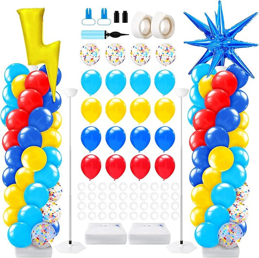 Kasyat 2 Set Red Blue Yellow Balloon Column Stand Kit Cartoon Hedgehog Explosion Star Foil Balloons Arch Garland Kit with Adjustable Stand for Carnival Circus Birthday Party Decorations