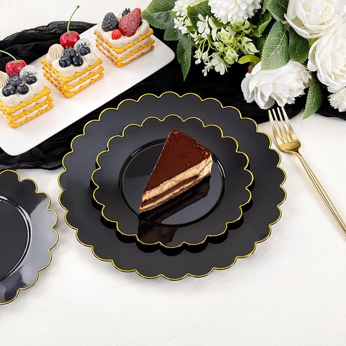 supernal 100pcs Black and Gold Plastic Dinnerware Set - Scalloped Disposable Plates Heavy Duty Gold And Black Plastic Plates Service for 50 Guests,Perfect for Party Birthday Wedding Festival