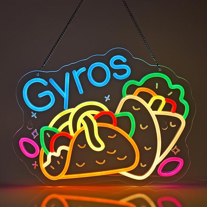 Gyros Neon Sign, Neon Lights Hanging Wall Art Decoration for Greek Restaurant Gyro Shop Deli Food Market Kitchen Home Decor, USB Powered, Ultra Bright & Dimmable, 15.35×11.8 Inches