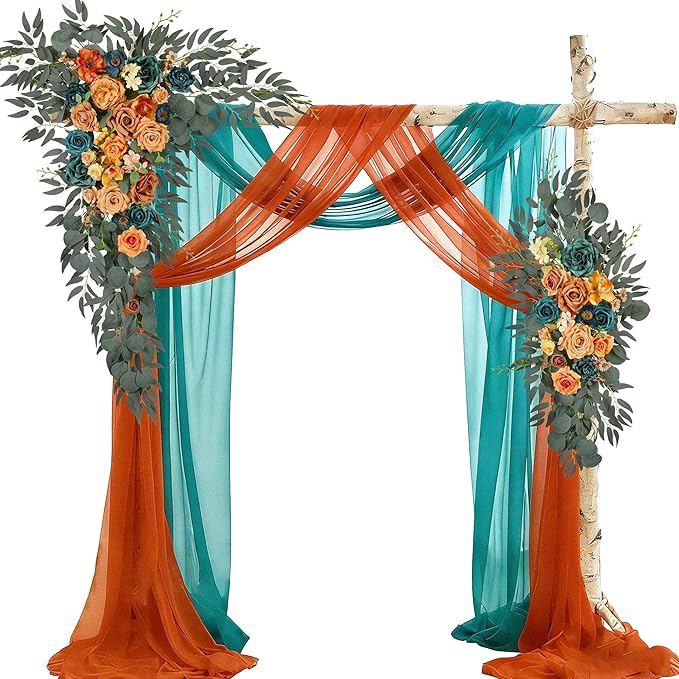 Wedding Arch Flowers with Drapes Kit (Pack of 4) - 2pcs Artificial Teal Orange Fall Deluxe Swag with 2pcs Sheer Drapes for Wedding Ceremony Arbor Reception Backdrop Rose Floral Decoration