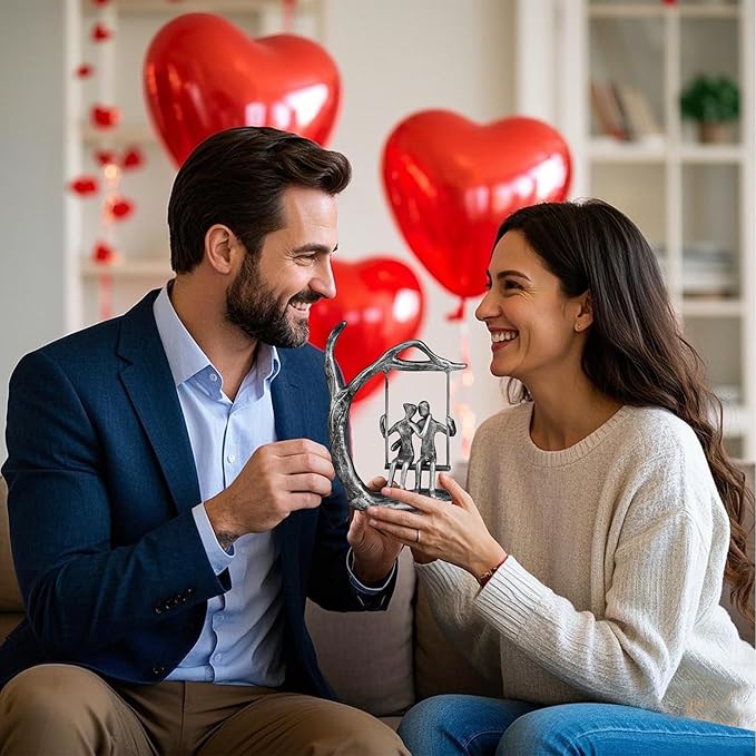 Anniversary Wedding Gifts for Couple/Her - Romantic Couple Statue in Love, Antique Silver Metal Figurine Sweet Loving Together Iron Sculpture Decor, Valentines Gifts for Wife Her Him