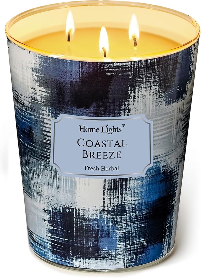 HomeLights Scented Candles | Large Jar 34 Oz Natural Soy Candle | 130 hrs Long-Lasting with 3 Wicks | Scandinavian Minimalist Home Decor | Gifts for Mom & Women, Coastal Breeze