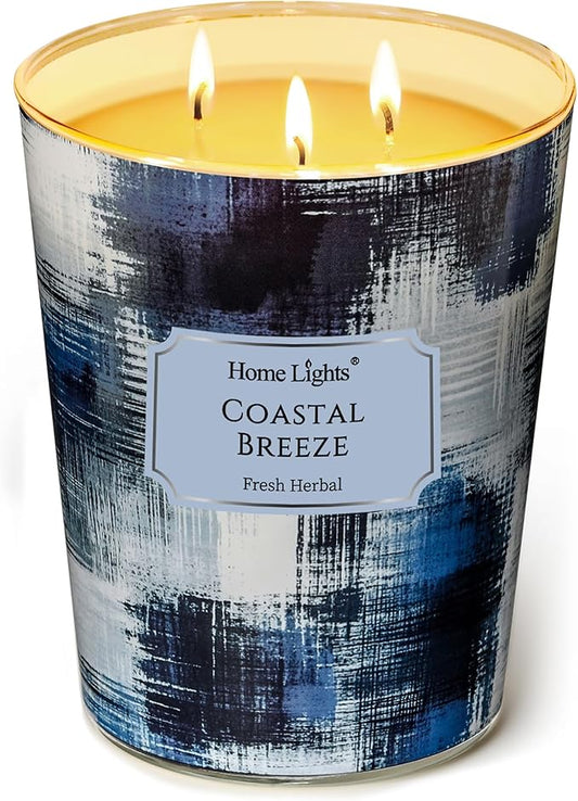 HomeLights Scented Candles | Large Jar 34 Oz Natural Soy Candle | 130 hrs Long-Lasting with 3 Wicks | Scandinavian Minimalist Home Decor | Gifts for Mom & Women, Coastal Breeze