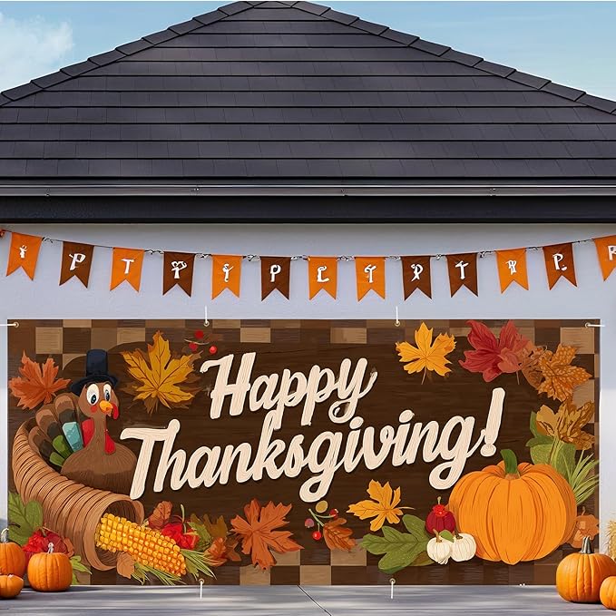 ANNA QUEEN Happy Thanksgiving Garage Door Banner 6 x 13FT, Cornucopia and Pumpkins on Woodgrain, Fall Outdoor Garage Decoration for Parties Home Rustic Decor