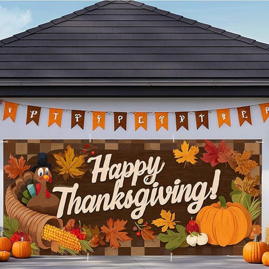 ANNA QUEEN Happy Thanksgiving Garage Door Banner 6 x 13FT, Cornucopia and Pumpkins on Woodgrain, Fall Outdoor Garage Decoration for Parties Home Rustic Decor