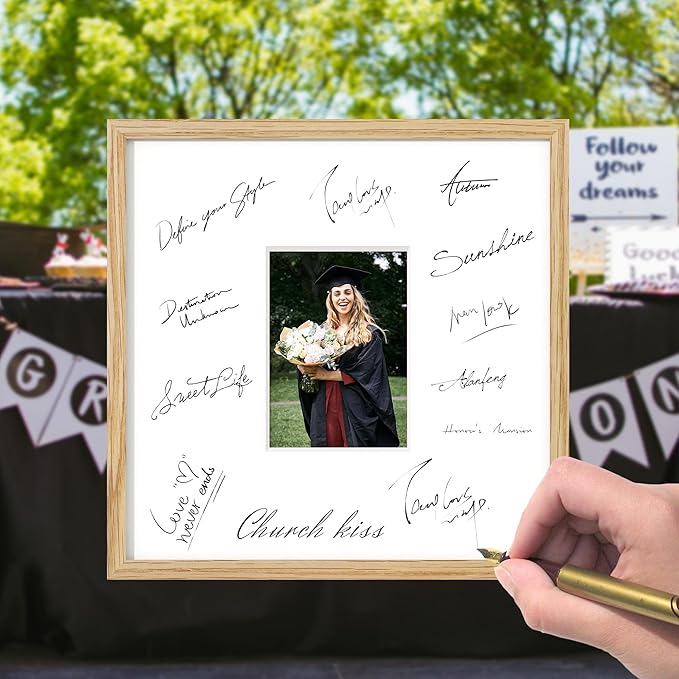 Axeman 14x14 Signature Picture Frame - Solid Oak Wood 14x14 Picture Frame With Mat to 5x7, Graduation Wedding Birthday Guest Book Party Signing, Hanging Hardware Included, Natural