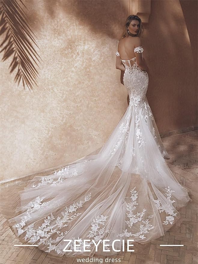 Zeeyecie Mermaid Tulle Wedding Dresses Lace Applique Corset V-Neck Sparkly Bridal Gowns with Train for Brides