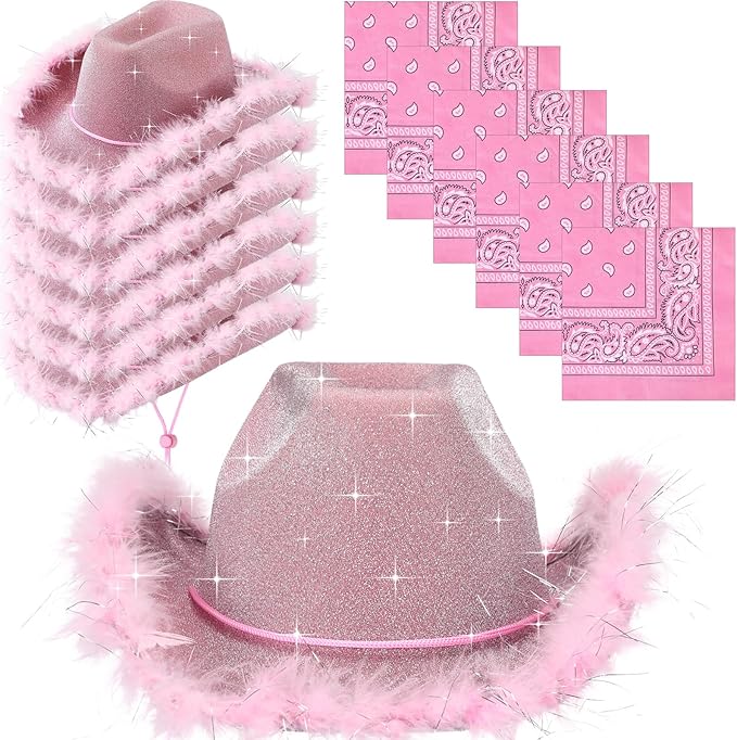 Coume 12 Pcs Sparkly Adults Cowboy Hat and Bandanas Women Men Western Glitter Cowgirl Party Hats with Adjustable Drawstring