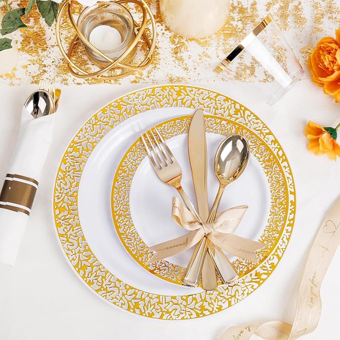 WELLIFE 100 Guests Dinnerware Sets, Gold Plastic Plates, Platos Para Fiestas Elegantes Desechables Include:100 Dinner Plates,100 Dessert Plate,400 Pcs Gold Plastic Silverware, 100 Cups for Party