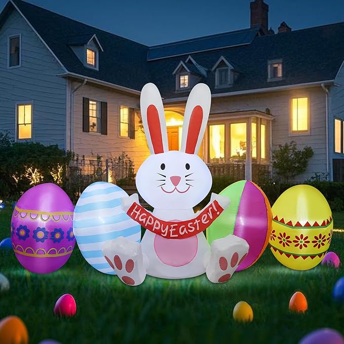 DR.DUDU Easter Inflatables Outdoor Decorations, 7 FT Long Easter Bunny with Eggs, Happy Easter Decorations, Easter Blow up Yard Decorations for Garden Lawn Holiday Party