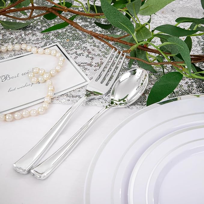 I00000 600pcs Silver Dinnerware Set for 100 Guests, Silver Plastic Plates Plastic Silverware Set of 100 Dinner Plates, 100 Salad Plates, 200 Forks, 100 Spoons,100 Knives for Party & Wedding