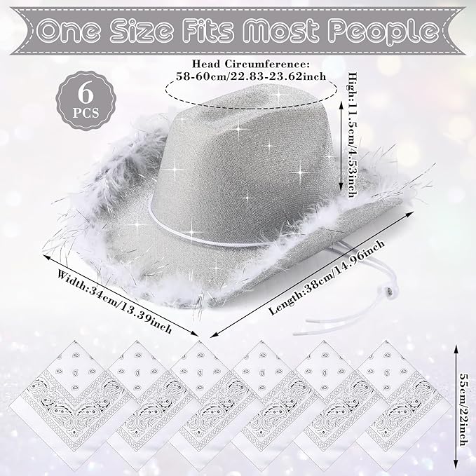 Coume 12 Pcs Sparkly Adults Cowboy Hat and Bandanas Women Men Western Glitter Cowgirl Party Hats with Adjustable Drawstring