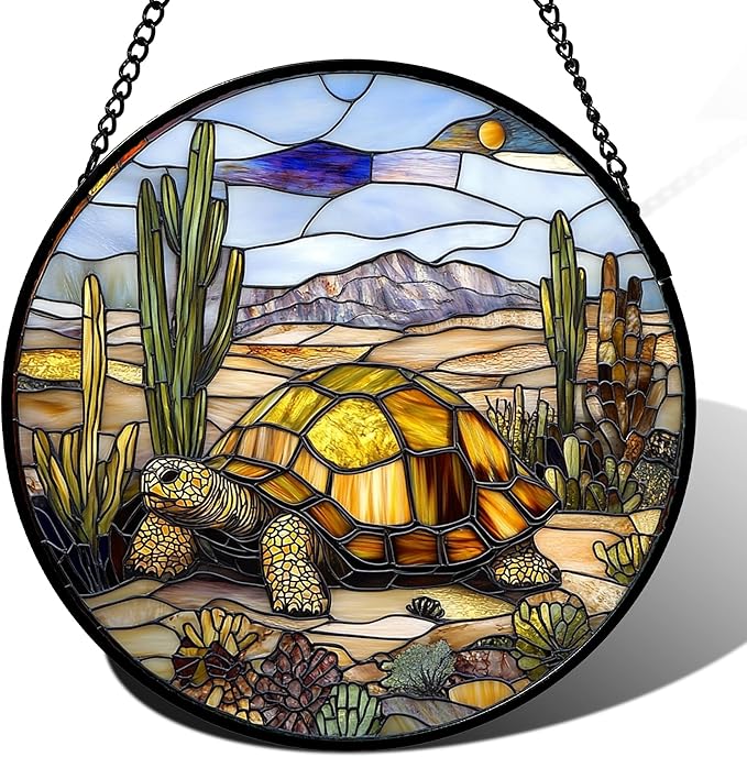 Stained Glass Window Hanging Golden Turtle Cactus Landscape Large 11.8" - Suncatcher Door Garden Sunroom Sun Catcher Home Decor Birthday Christmas for Mom Men Woman Nana