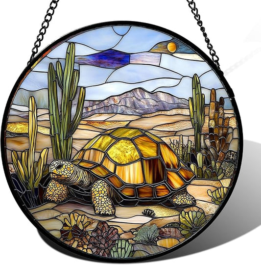 Stained Glass Window Hanging Golden Turtle Cactus Landscape 9.8" - Suncatcher Door Garden Sunroom Sun Catcher Home Decor Birthday Christmas for Mom Men Woman Nana