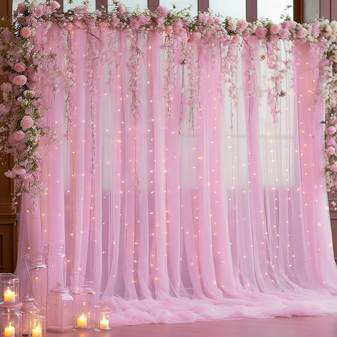 30ft x 10ft Pink Backdrop Curtain with Lights String for Parties, Sheer Tulle Wedding Photo Backdrops Drapes for Baby Shower Birthday Party Decorations Background for Photography
