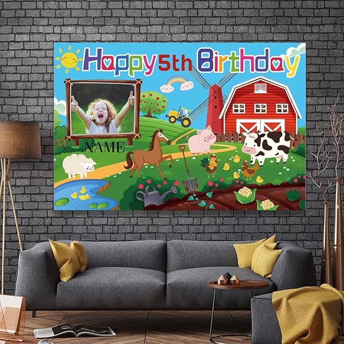 Custom Farm Animal Happy Birthday Party Decorations Supplies Personalized Farm Animal Barn Cow Farmhouse Birthday Backdrop Banner(6x9ft)