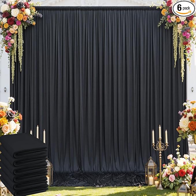 30 ft x 10 ft Wrinkle Free Black Backdrop Curtain for Parties, 6 Panels Silky Polyester Black Wedding Drapes for Backdrop 10 ft Photo Back Drop Cloth for Birthday Graduation Photography Background