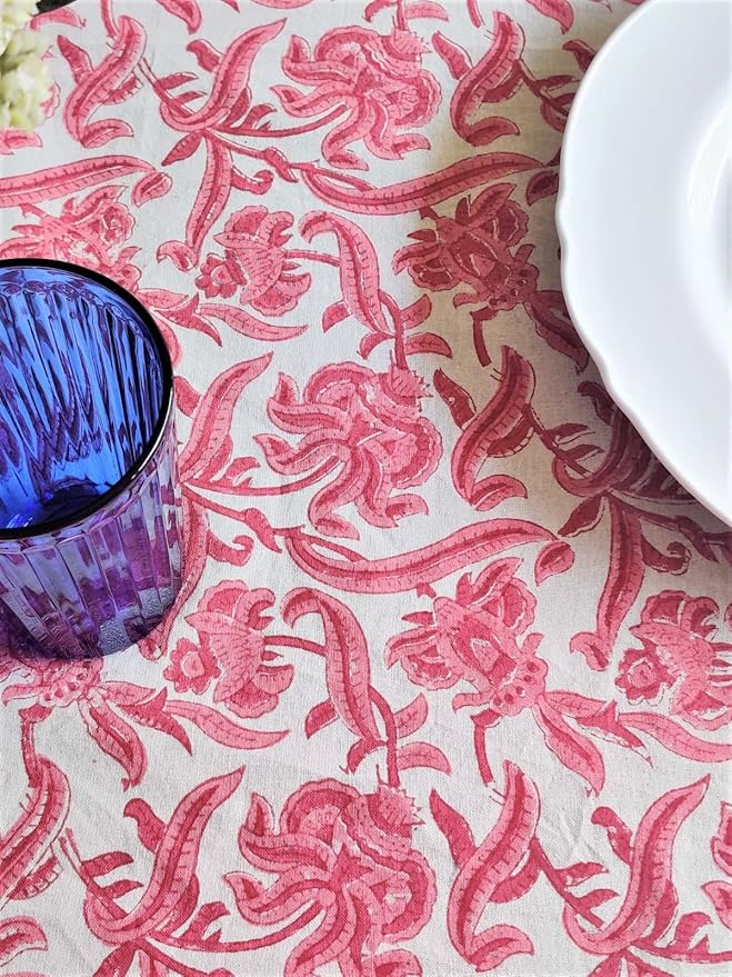 ATOSII Red Bloom 100% Cotton Tablecloth, Handblock Print Rectangle Table Cover for Kitchen Dining I Tabletop Linen I Parties, Wedding, Spring Summer Table Cloth 60 X 108 Inches