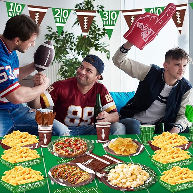Football Party Decorations for 24 Guests - Football Party Supplies Kit with Plates, Napkins, Cutlery, Food Trays, Banner, Tablecloths for Tailgate & Birthday Party