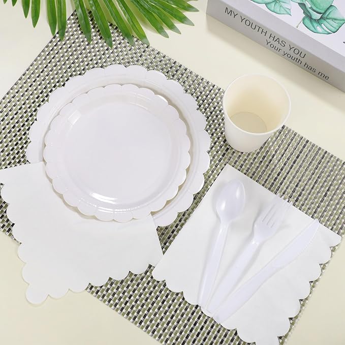 350 Pcs White Paper Plates and Napkins, 50 Guest White Party Supplies Include Scalloped Plates Paper Napkin Cup Plastic Spoon Fork Knive for Baby Shower, Wedding, Birthday