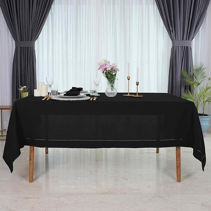 D'Moksha Homes Black Linen Tablecloth for Rectangle Tables 60 x 84 Inch - Classic Hemstitch 100% Pure Linen Black Table Cloth - Machine Washable Dining Tablecloth for Spring, Easter