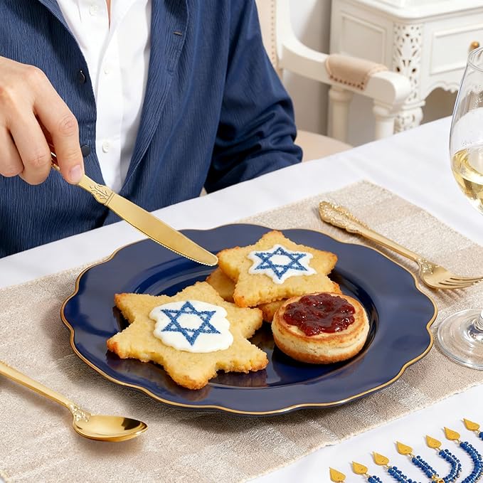 NOCCUR 175PCS Blue Plastic Plates with Disposable Silverware - Include 50 Blue Disposable Plates with Gold Rim,75 Gold Cutlery,25 Cups,25Napkins for Party/Wedding