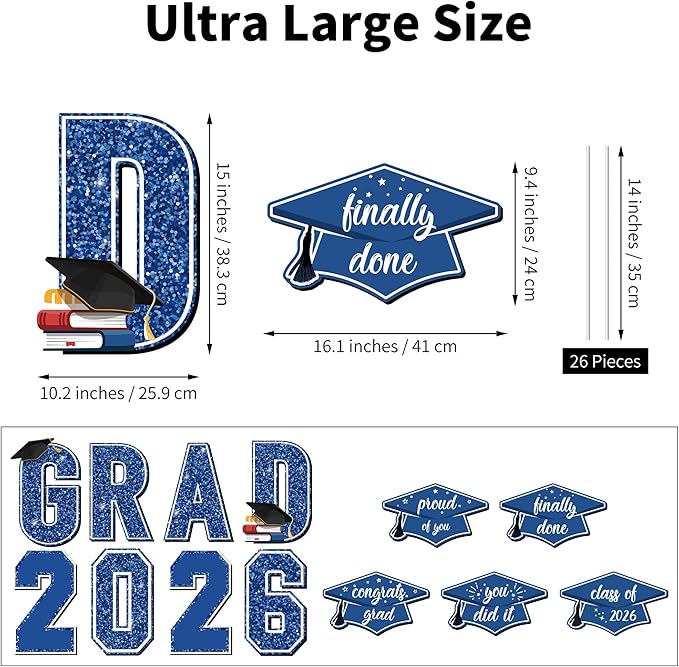 Aneco Waterproof 2026 Grad Yard Signs Plastic Graduation Yard Signs Party Outdoor Lawn Decorations 16 Inches Glitter Congrats Grad Lawn Sign with Stakes for Outdoor Party Garden Decor (Blue)