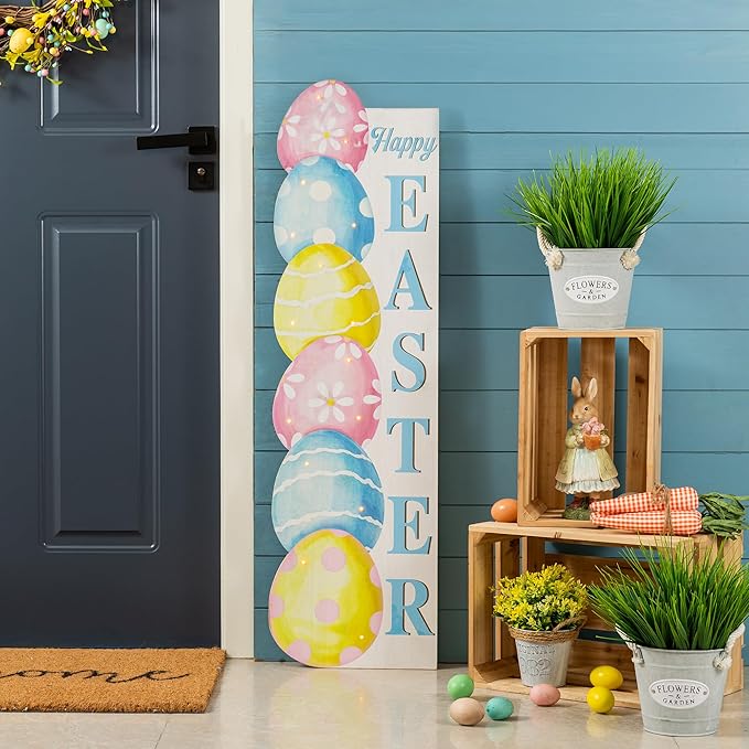 Glitzhome 42" Lighted Wooden Easter Porch Sign with Timer, Stacked Eggs Vertical Welcome Sign for Front Door Indoor Outdoor Spring Easter Party Decor