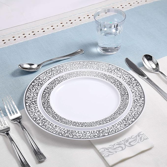 FOCUSLINE 175 Ct Silver Dinnerware Set for 25 Guests, Plastic Plates with Silver Lace Rim Design, Including 25 Disposable Dinner & Dessert Plates, Cups, Napkins, Cutlery Set