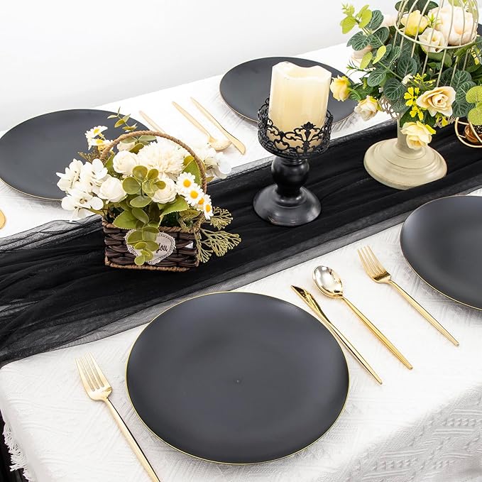 EI enjonirinjonir 80pcs Black and Gold Dinner Plates Disposable 10.25inch,Plastic Party Plates with Gold Rim,Black Plastic Matte plate Frosted Disposable Heavy Duty,Elegant for Wedding/Tea Party