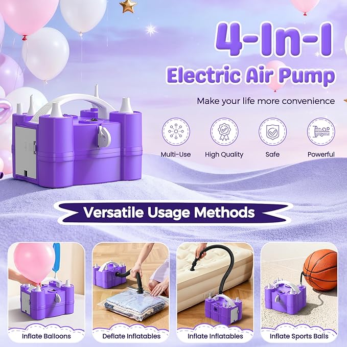 Electric Balloon Pump, 4-in-1 Balloon Blower with Triple Inflating Ports for All Balloons, Air Pump for Sports Balls, Inflator& Deflator for Inflatables (Dust-Proof Storage Bag Included)