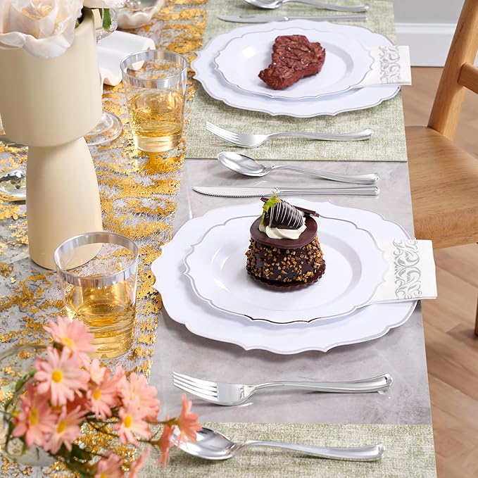 350 PCS Silver Disposable Plates, Scalloped Dinnerware Set for 50 Guests, 100 Plastic Plates, 150 Silverware, 50 Cups & 50 Paper Napkins, Silver
