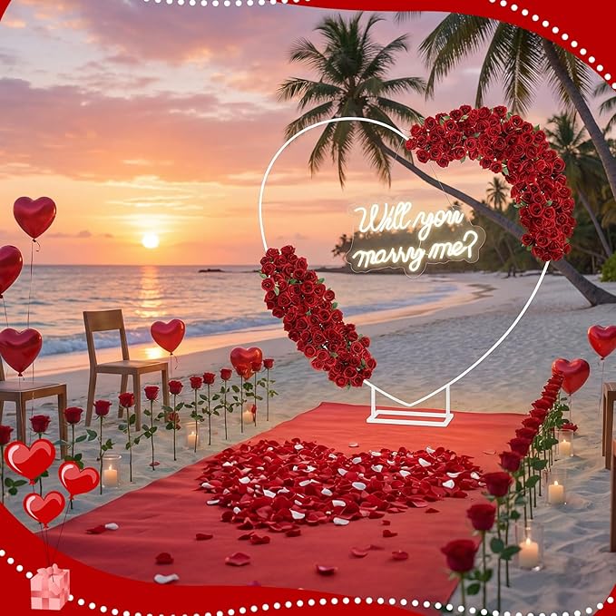 Proposal Decorations Kit Will You Marry Me LED Neon Light Metal Heart Stand Carpet 2000 Rose Petals 30 Artificial Roses for Proposal Wedding Bridal Valentine Engagement Birthday Party(Red)