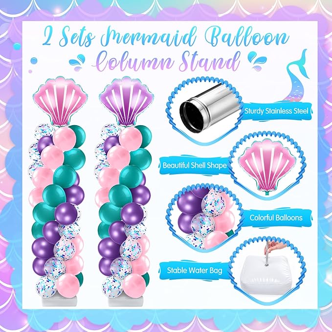 Kasyat 2 Set Mermaid Balloon Column Stand Kit Adjustable Mermaid Balloon arch kit for Wedding Baby Shower Birthday Party decoration Supplies
