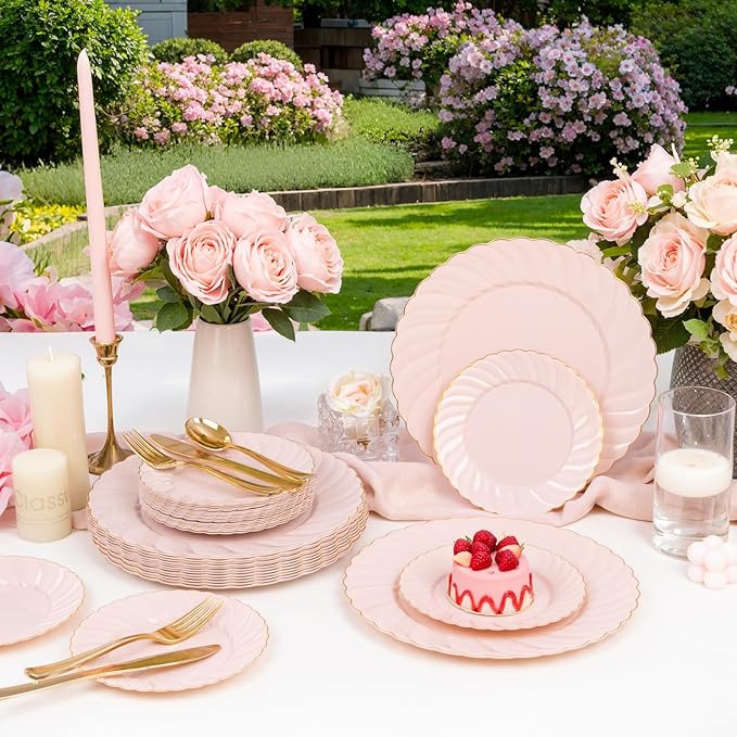 YOUBET 125Pcs Pink Plastic Plates with Gold Rim - Scalloped Plastic Plates Set Includes 25 Dinner, 25 Dessert Plate, 75 Gold Silverware for 25Geusts for Wedding Birthday Parties Baby Shower Valentines