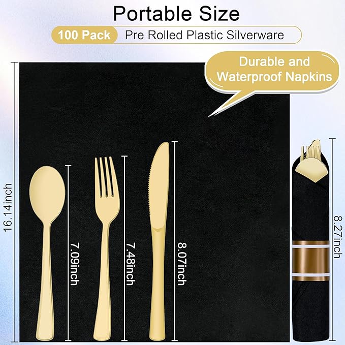 400 PCS Pre Rolled Cutlery Sets, Premium Gold Plastic Flatware Set Wrapped in Black Napkin, Disposable Cutlery Set with 100 Forks, 100 Knives, 100 Spoons, 100 Napkins for Wedding, Party, Dinner