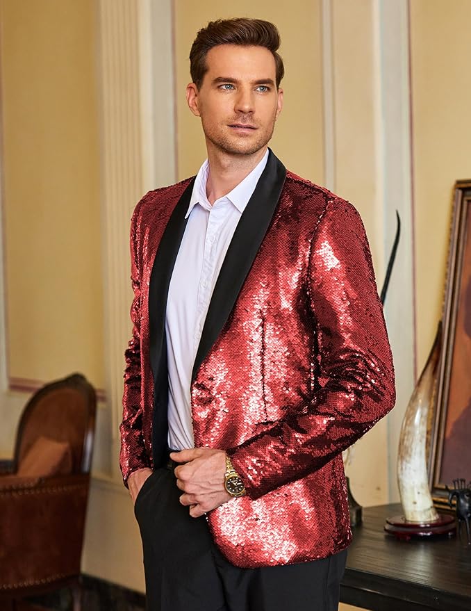 COOFANDY Mens Shiny Sequin Blazer Tuxedo Party Dinner Prom One Button Suit Jacket