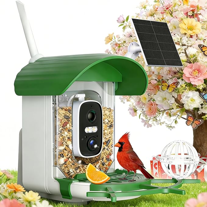 Bird Feeder with Camera 3W Solar Powered Panel Valentines Day Gifts: Smart Bird Feeder for Outdoors with AI Birds Identify Auto Capture, 2K Live Video, Ideal Gift for Parents Men Women(Green)