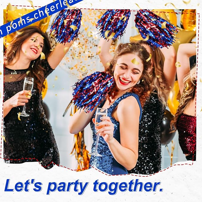 Hanaive 100Pcs Metallic Cheerleading Pom Poms with Baton Handle Cheerleader Pompom Foil 30g Cheering Squad Hand Flowers for Adults Team Spirit Sports Party Cheering