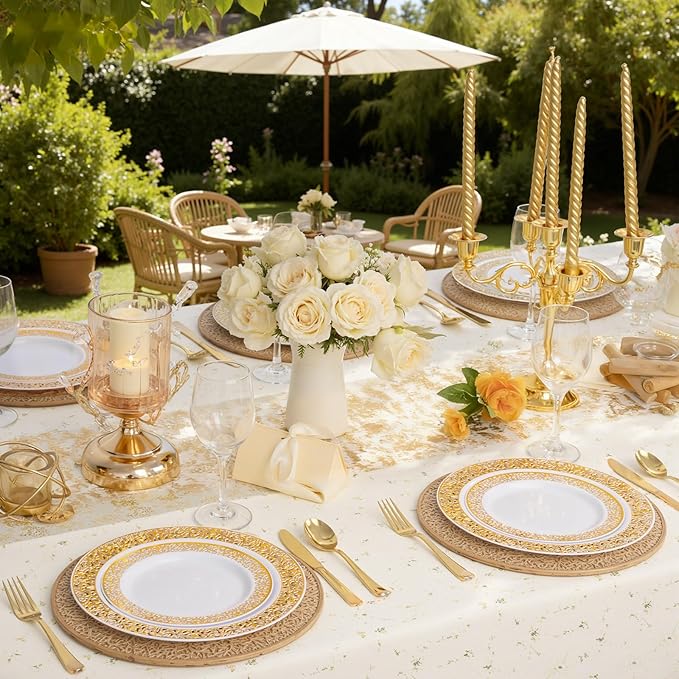 WDF 150PCS Gold Plastic Plates Set - Valentines Plates 25Guests Gold Disposable Dinnerware Sets for Valentine's Day