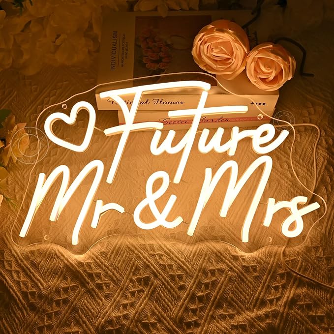SYLHOME Future Mr & Mrs Led Neon Light Sign Wedding Wall Decor Sign Banner Engagement Party Bridal Shower Light Up Sign Backdrop 15.75" X 9.25" USB Warm